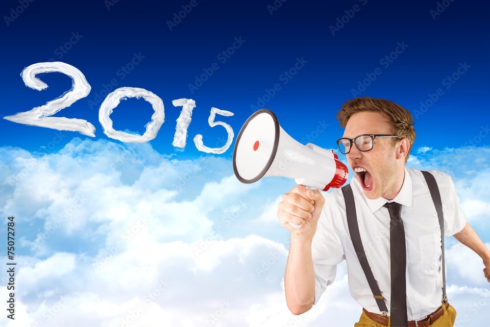 Aufkleber Composite image of geeky businessman shouting through megaphone