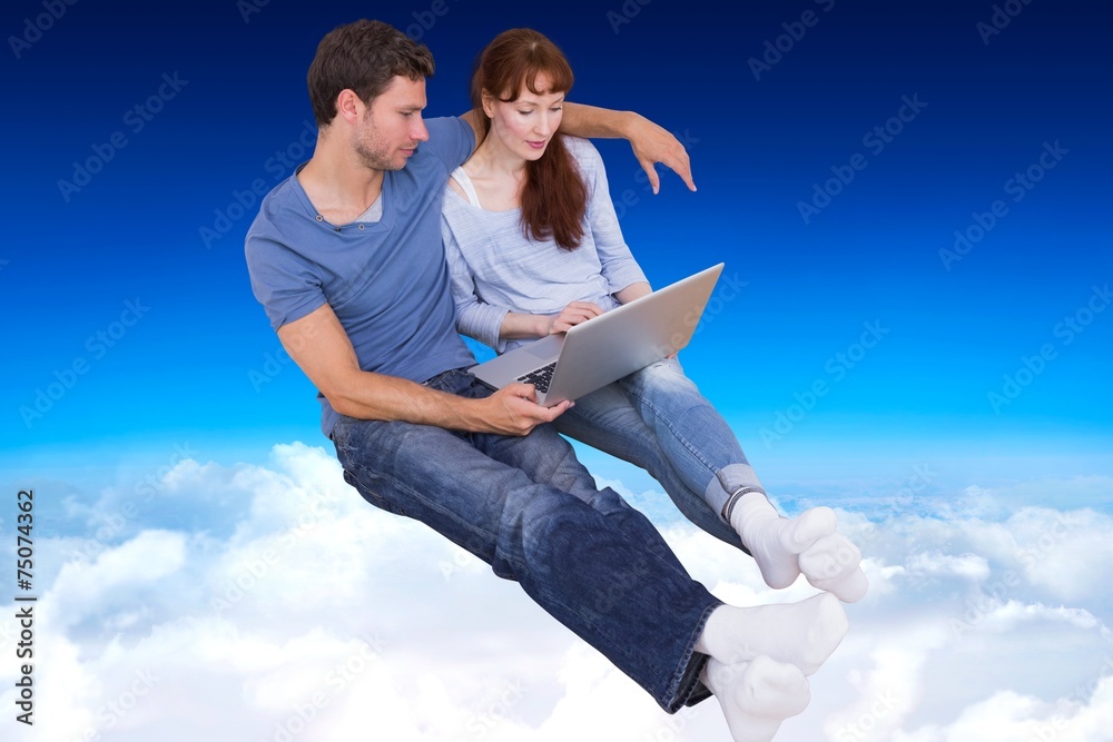 Poster composite image of couple using laptop at home