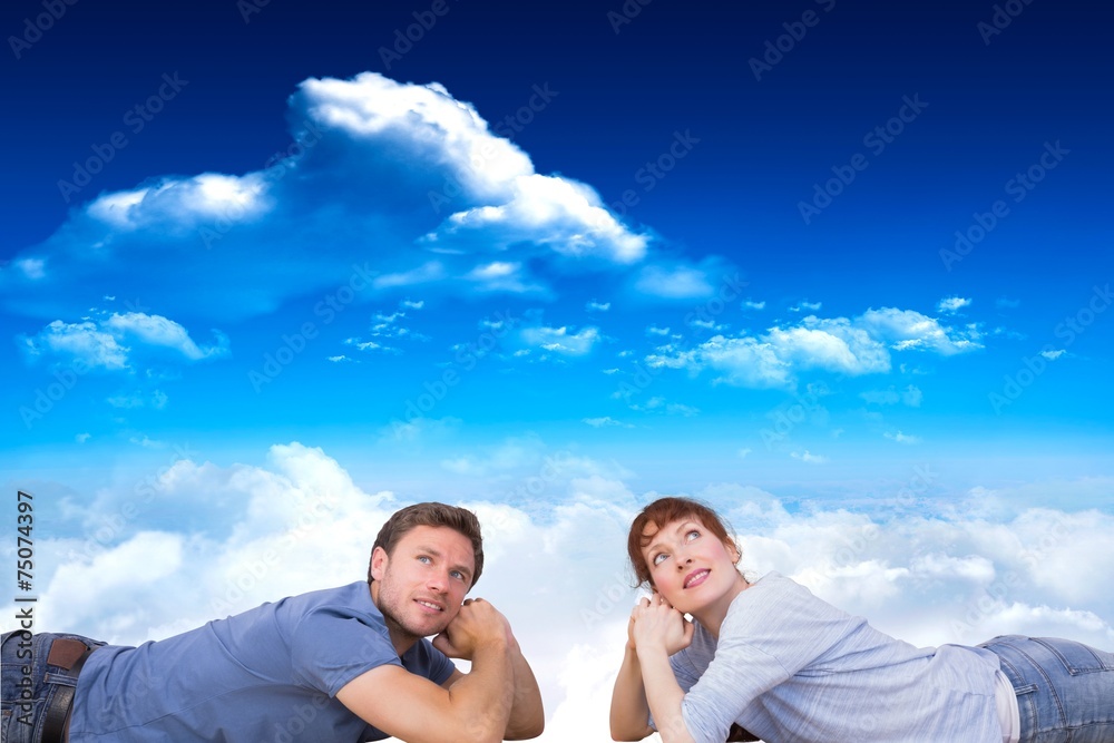 Poster composite image of couple lying on the floor