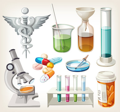 Set of supplies used in pharmacology for preparing medicine.