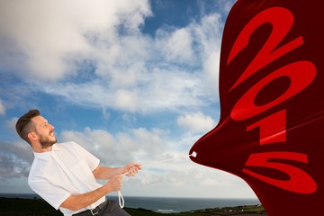 Composite image of hipster businessman pulling a rope