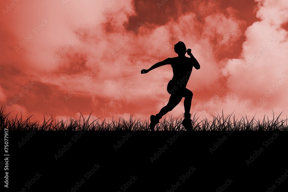 Poster Composite image of fit brunette running and jumping