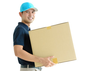 Deliveryman carrying a cardboard parcel box