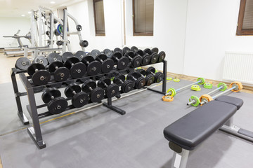Fototapeta na wymiar Dumb bells lined up in a fitness studio 