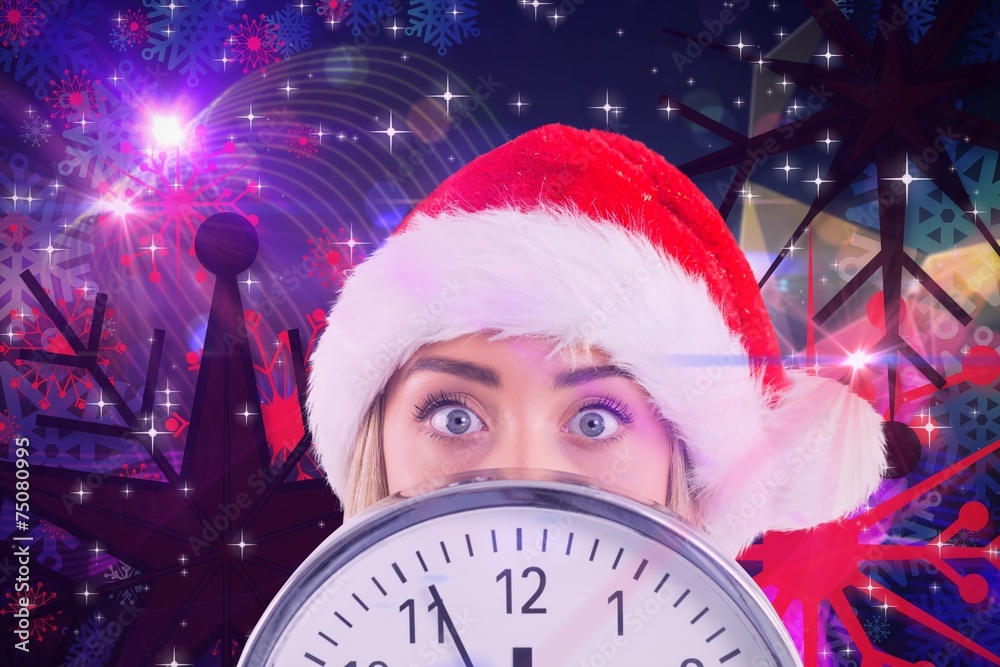 Poster composite image of festive blonde showing a clock