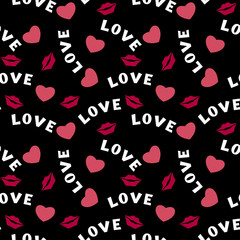 Seamless pattern with hearts lips  and inscription love on black