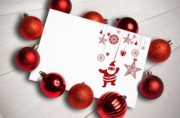 Naklejka na ściany i meble Composite image of hanging red christmas decorations