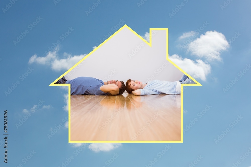 Poster composite image of couple lying on the floor