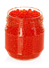 Caviar red in a glass jar isolated on white background