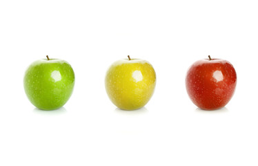 Green, yellow and red apples isolated on white background