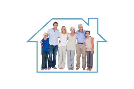 Composite image of family standing against a white background