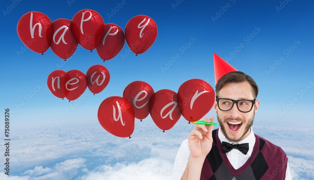 Aufkleber composite image of geeky hipster in party hat with horn