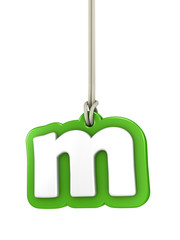 Green lowercase letter M hanging on rope with clipping path