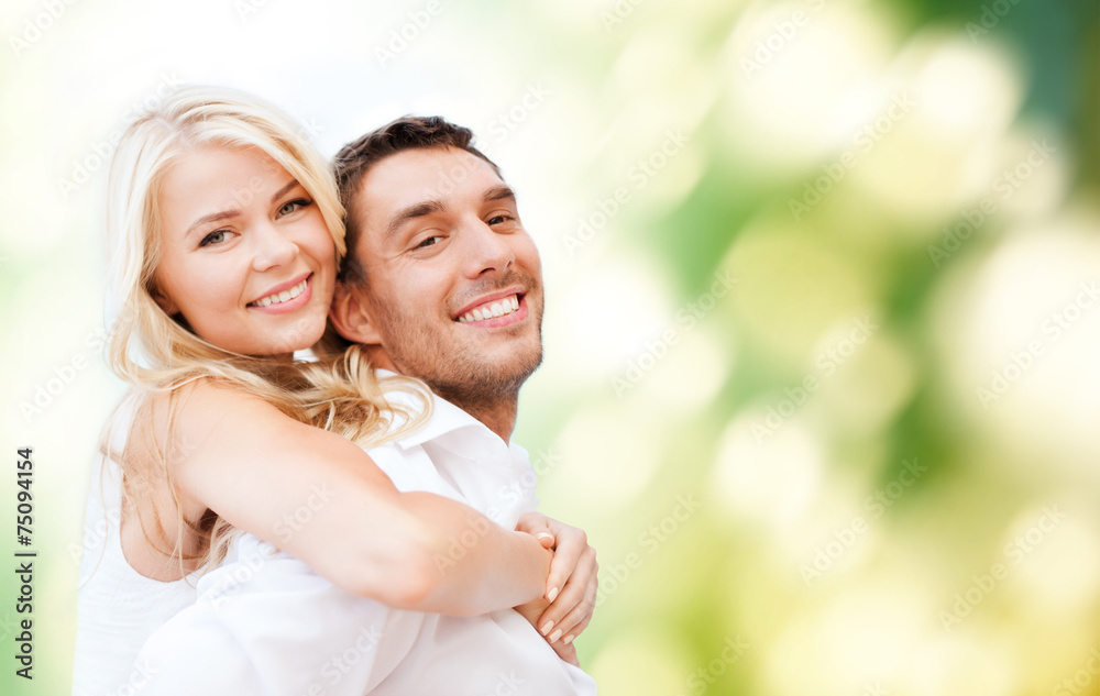 Poster happy couple having fun over poppy flowers field