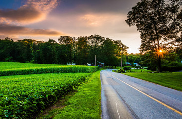 Sunset over a country road in Southern York County, Pennsylvania