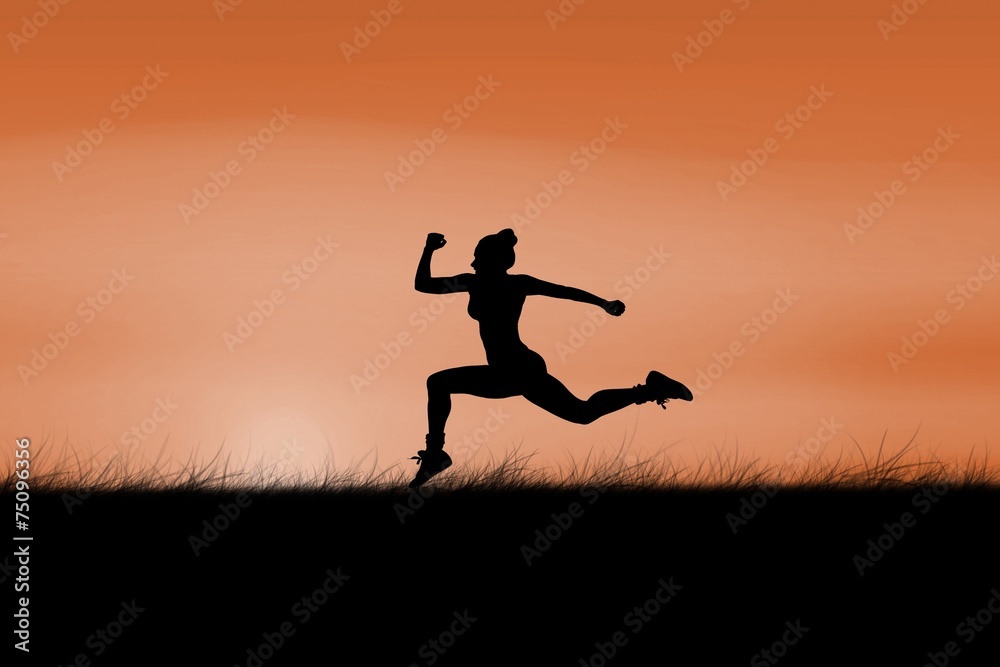 Aufkleber composite image of fit brunette running and jumping