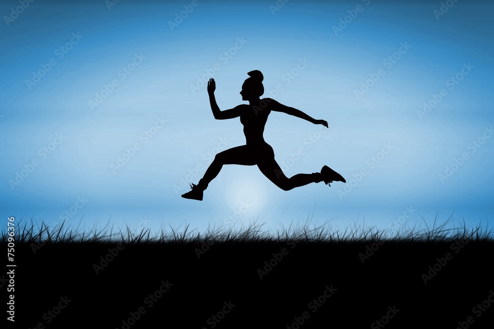 Poster Composite image of fit brunette running and jumping