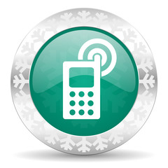 phone green icon, christmas button, mobile phone sign