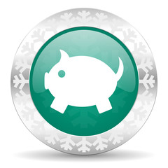 piggy bank green icon, christmas button