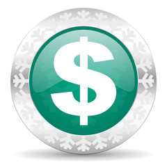 dollar green icon, christmas button, us dollar sign