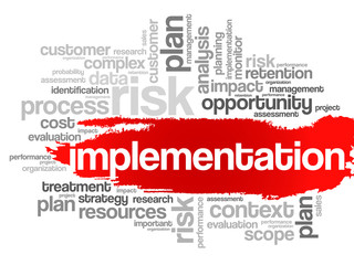 Implementation concept in word tag cloud, vector background