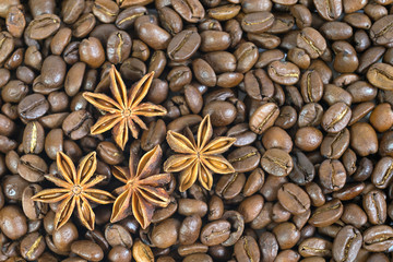 Lots of coffee beans. And four anise stars. Pattern.