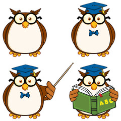 Obraz premium Cute Owl Cartoon Mascot Character 2. Collection Set