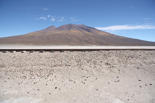 Railroad in Atacama Desert over mountain, Uyunu, Bolivia