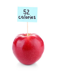 Red apple with calories count label isolated on white