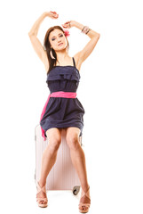 Travel and vacation. Woman with suitcase luggage bag.
