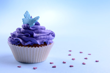 Delicious cupcake on blue  background