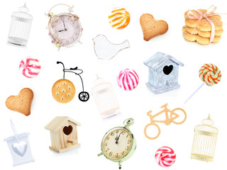 Decorative birdhouses, cage, birds, clocks, lantern, cookies