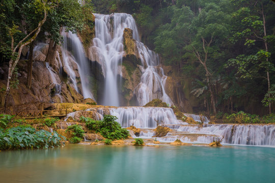 Kuang Si waterfall with blue minerals water in Luang Prabang
