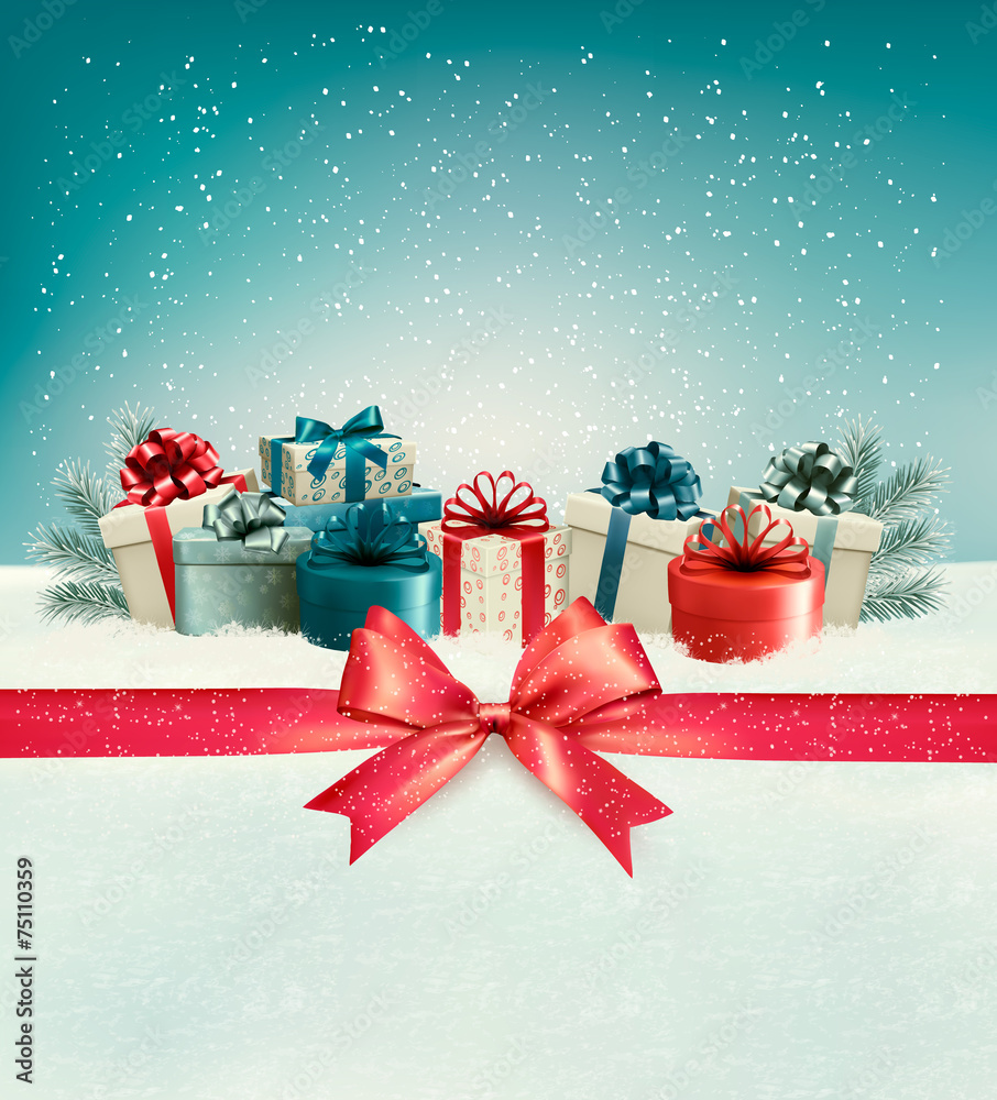Poster christmas background with a bow and presents. vector.