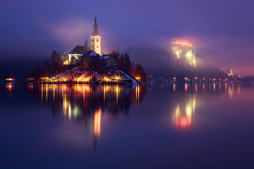 Fototapeta na wymiar Bled with lake in winter, Slovenia, Europe