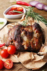Delicious grilled meat on table
