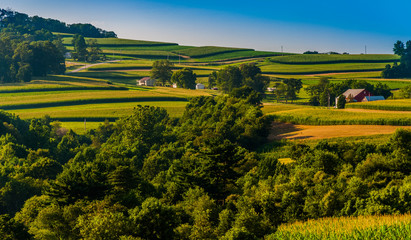 View of rolling hills and farms in Southern York County, Pennsyl