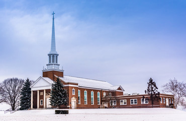 Winter view of a church in rural York County, Pennsylvania.