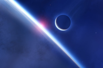 Obraz na płótnie Canvas Sunrise on a distant planets with stellar nebulosity.