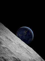 Earthrise over Moon above the Earth on a starless sky.