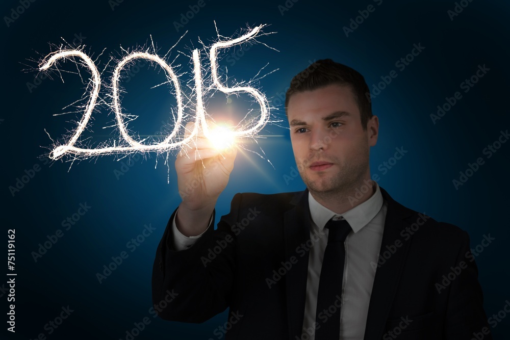 Poster composite image of businessman touching spark