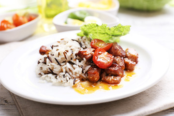 Tasty rice served on table, close-up