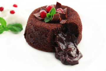 Hot chocolate pudding with fondant centre, close-up