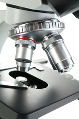 Microscope close-up, isolated on white