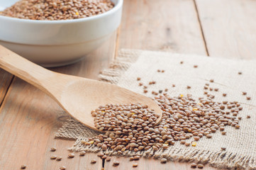 Organic lentils with wooden false on burlap background