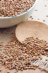 Organic lentils with wooden false on burlap background