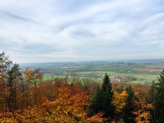 Blick über Herbstbäume auf das Hohenloher Land