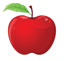 Red apple with leaf and drop isolated on white