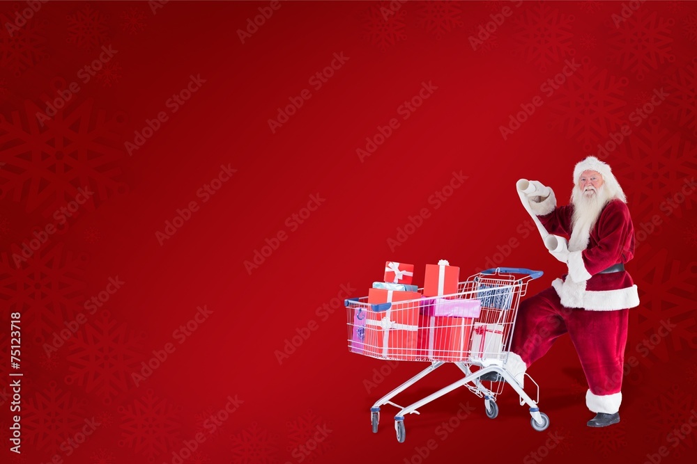 Aufkleber composite image of santa pushes a shopping cart while reading