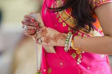 Henna design , saree , bride , traditional hindu wedding , Rajasthan, royal India	